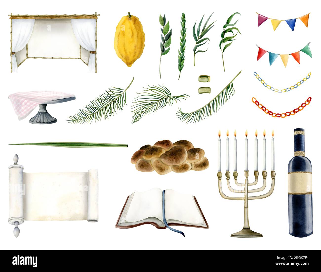 Large Sukkot collection of symbols, sukkah, tallit, waving the Lulav ...