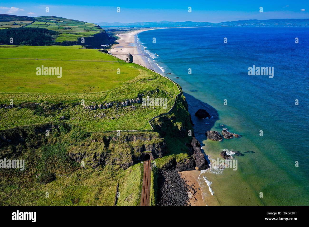 Aerial of the Mussenden Temple on the Downhill Estate, County Londonderry, Northern Ireland Stock Photo