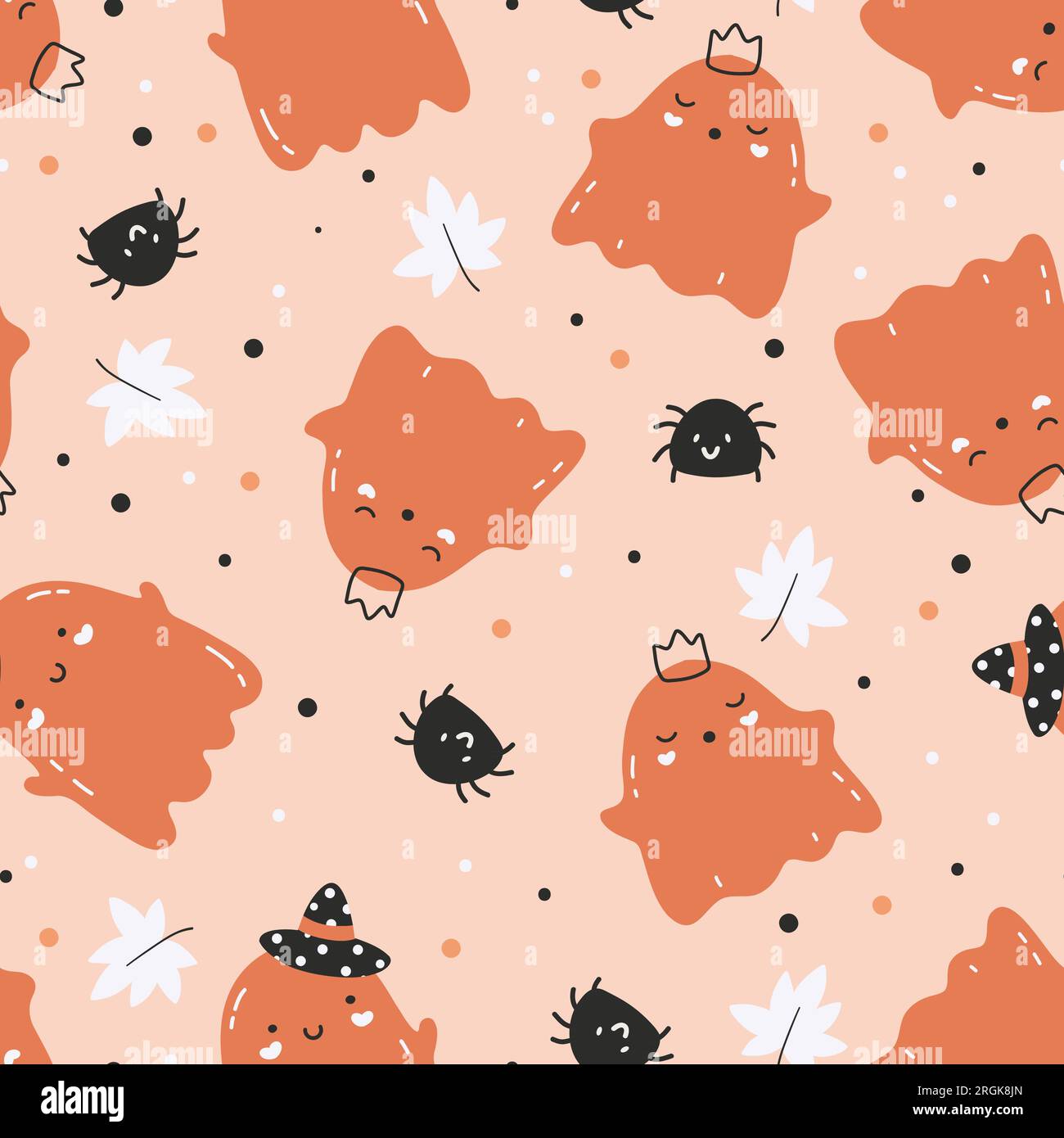 Vector colored seamless repeating childish pattern with cute ghosts on background. Stock Vector
