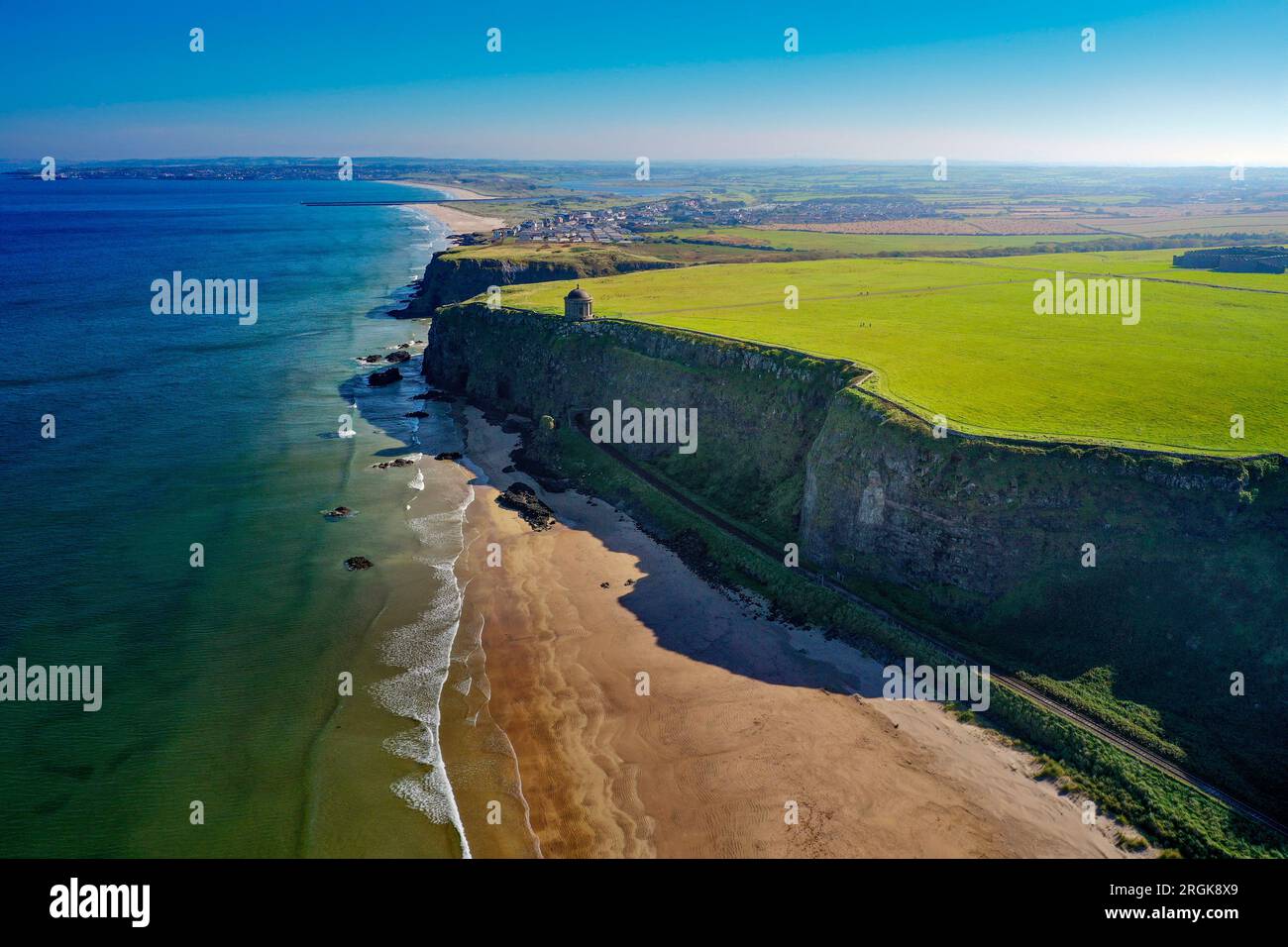 Aerial of Mussenden Temple on the Downhill Estate, County Londonderry, Northern Ireland Stock Photo