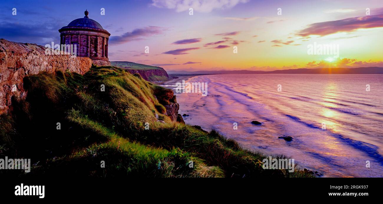 Sunset at Mussenden Temple on the Downhill Estate, County Londonderry, Northern Ireland Stock Photo