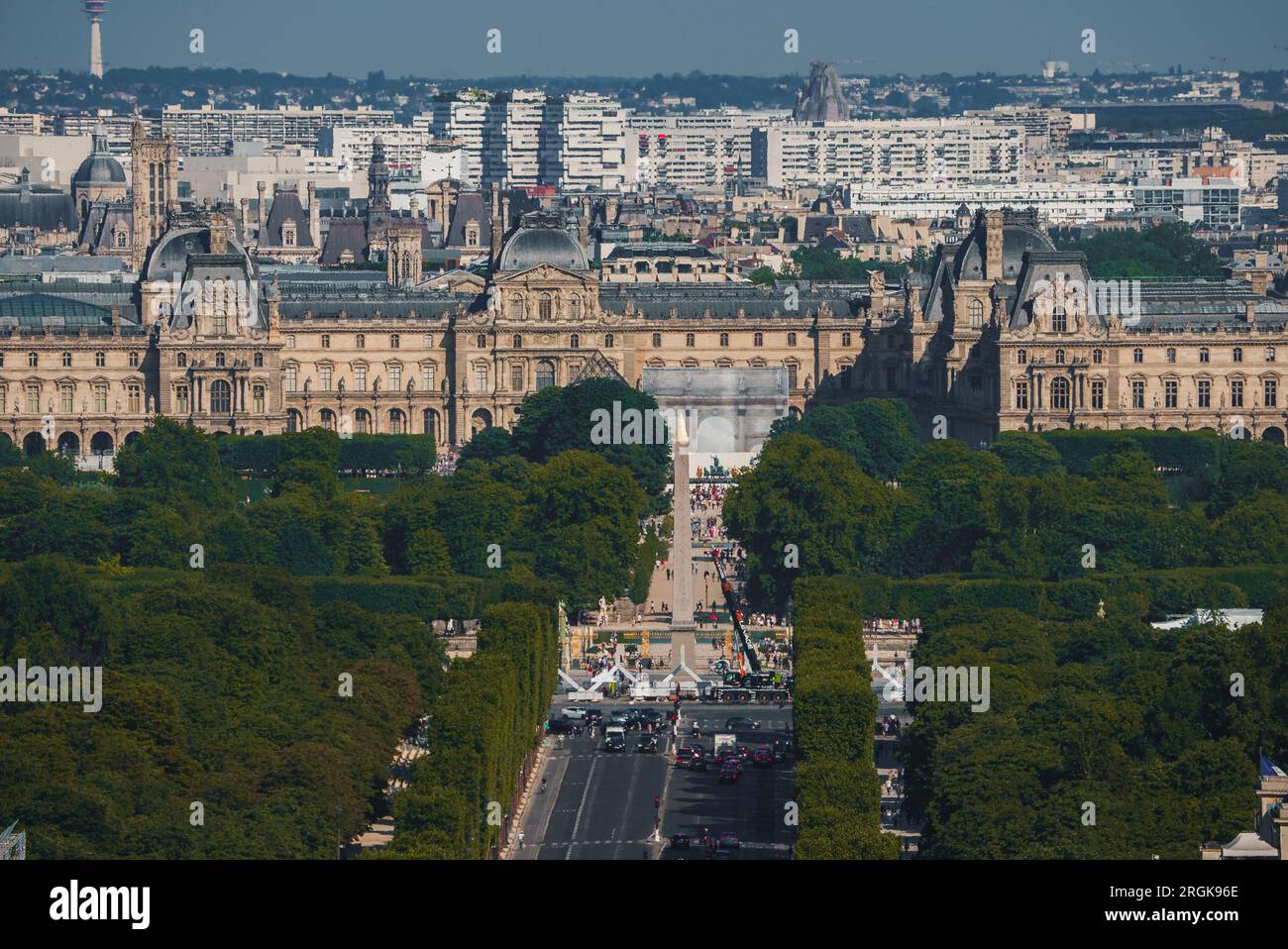 Sunny Aerial View of the Louvre and Pyramid in Paris Stock Photo
