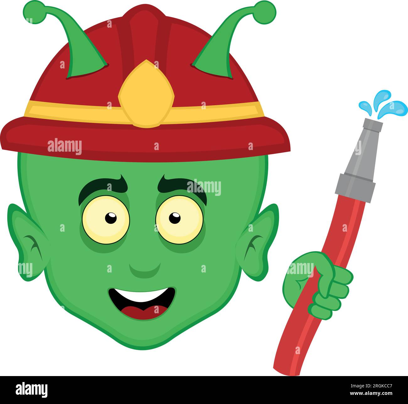 vector green alien et head cartoon firefighter hat hose Stock Vector