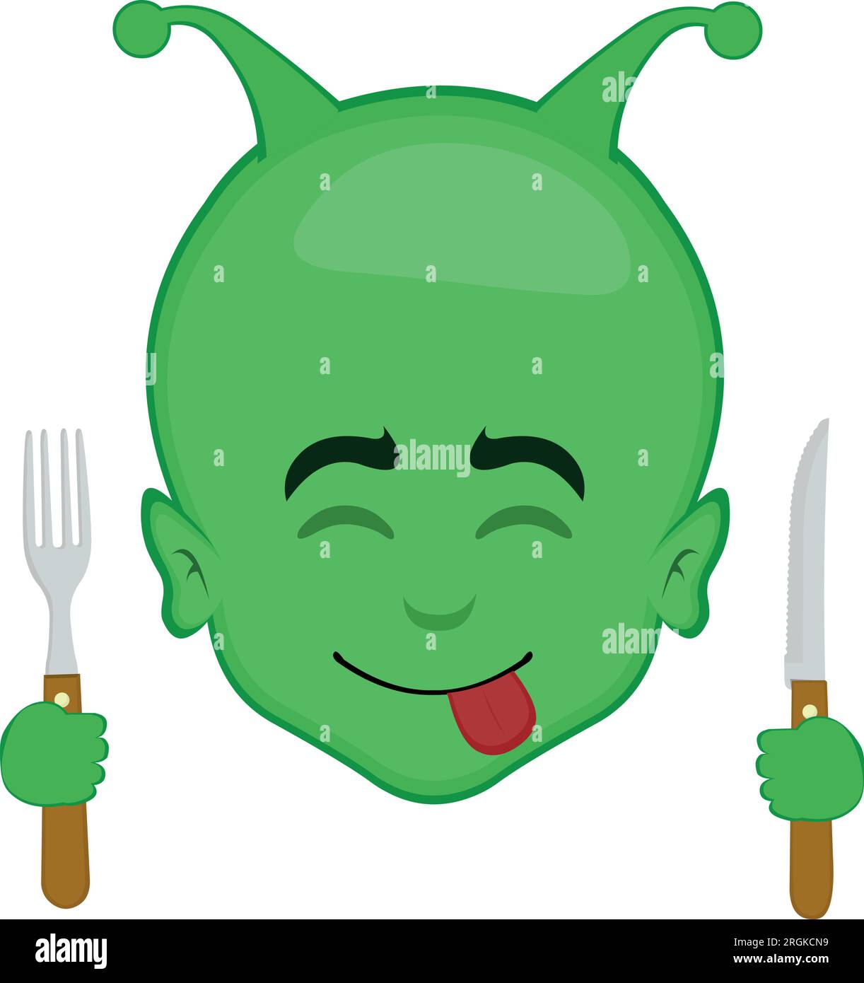 vector illustration face alien or extraterrestrial cartoon, an expression of yummy how delicious with a knife and fork in his hands Stock Vector