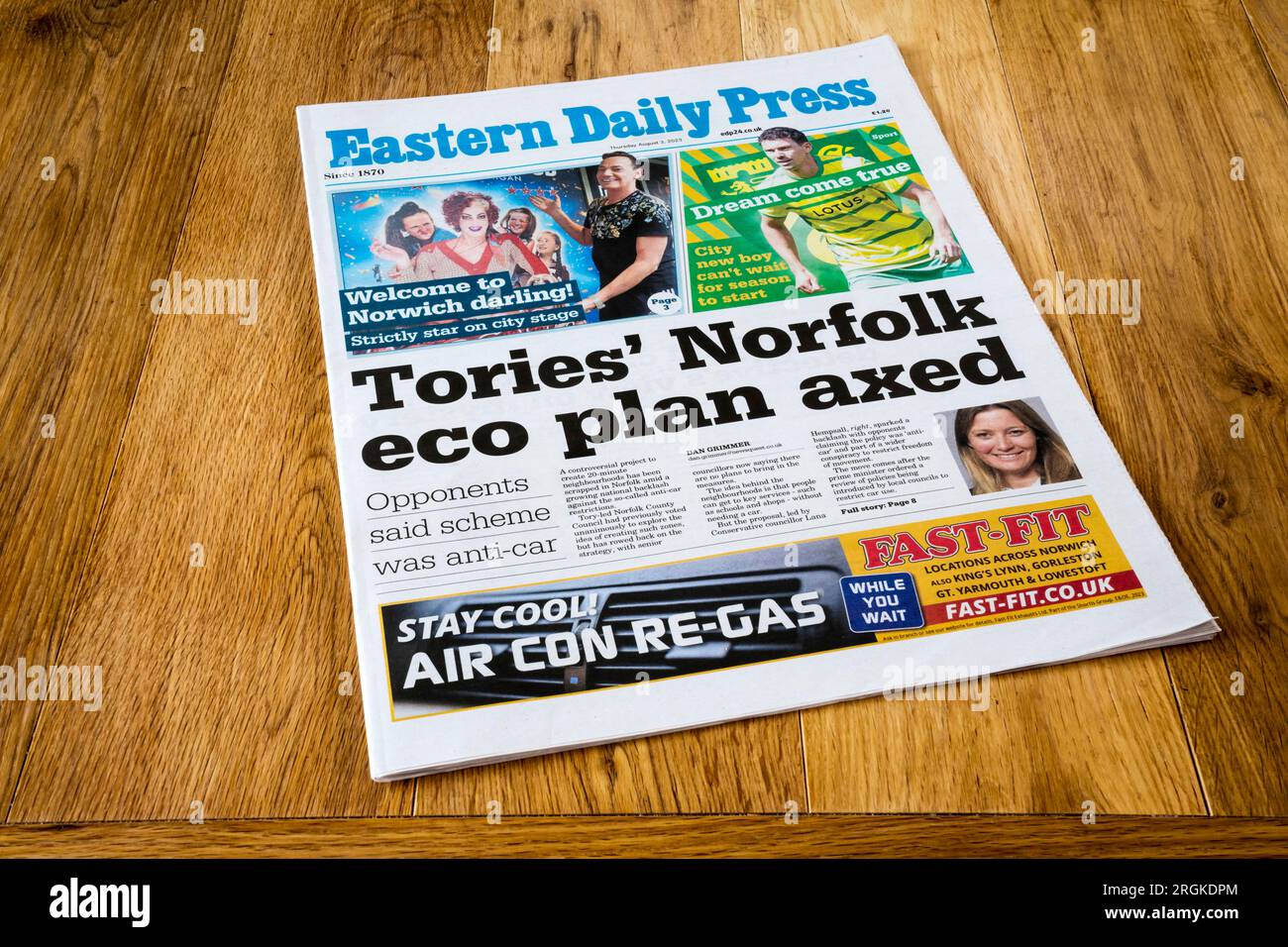 3 August 2023 headline of Eastern Daily Press reads Tories' Norfolk eco plan axed. Stock Photo