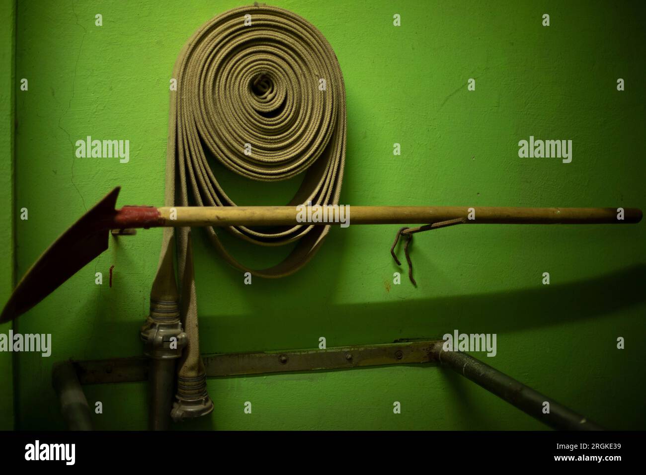 Fire safety. Hose and shovel. Fire hose for extinguishing fire