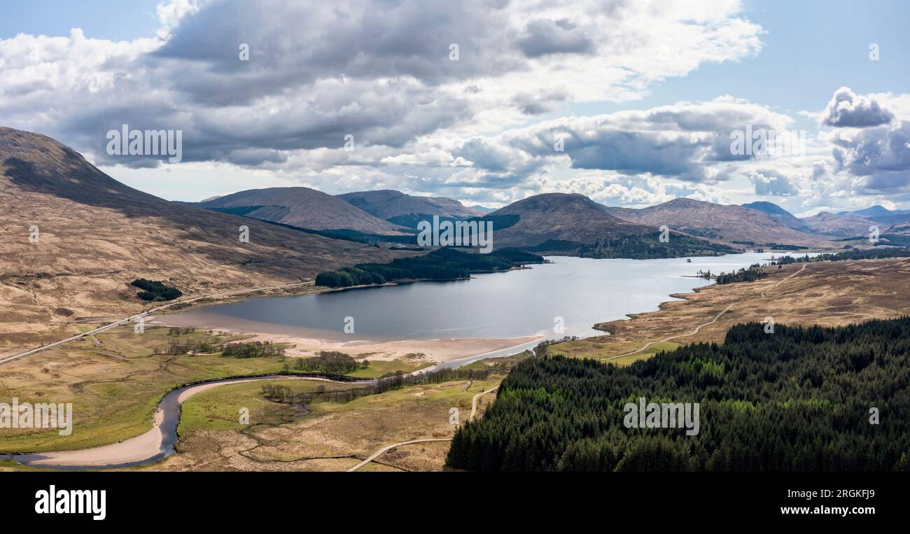 loch tulla looking west towards bridge of orchy elevated panoramic view Stock Photo