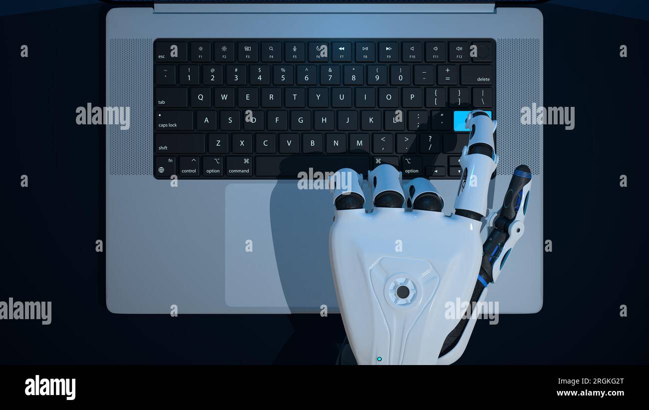 Top view of white human shaped robot hand pressing a key of an aluminum laptop with blue light on reflective blue desk against black background. 3D Il Stock Photo