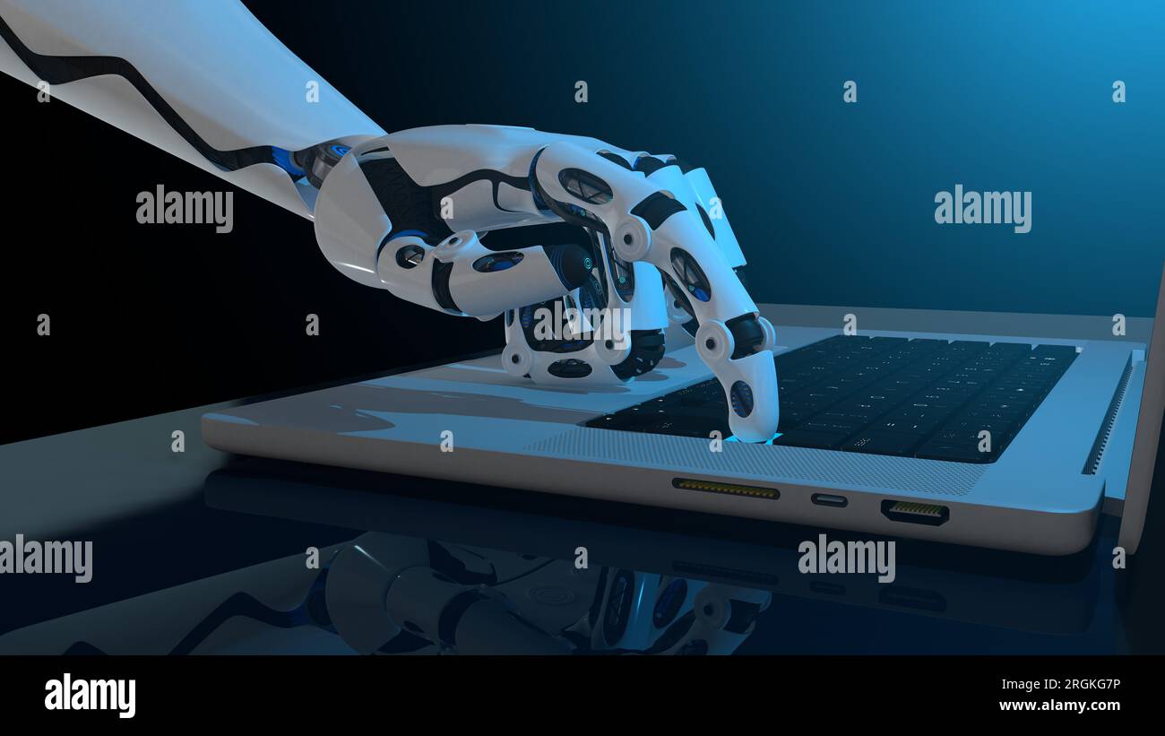 Close-up of white human shaped robot hand pressing a key of an aluminum laptop with blue light on reflective blue desk against black background. 3D Il Stock Photo