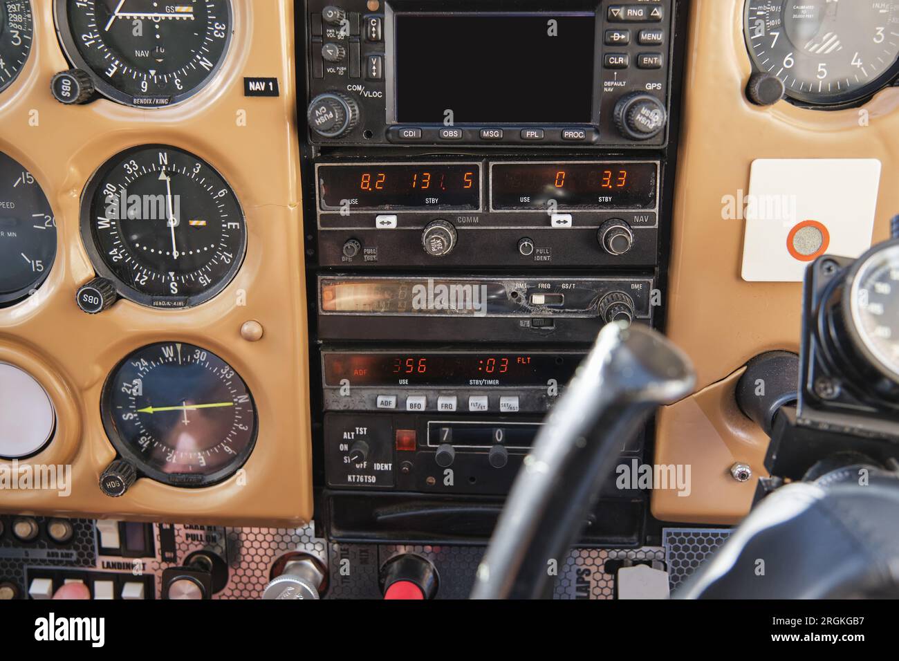 Displays with various indicators and dashboard in cockpit of four seat