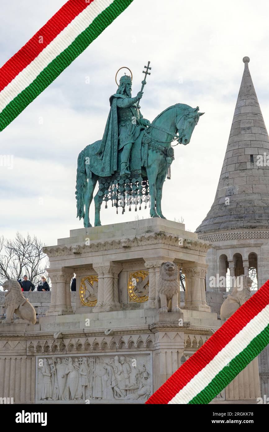 saint stephen szent istvan statue with hungarian flag design for august 20 hungarian national celebration . Stock Photo