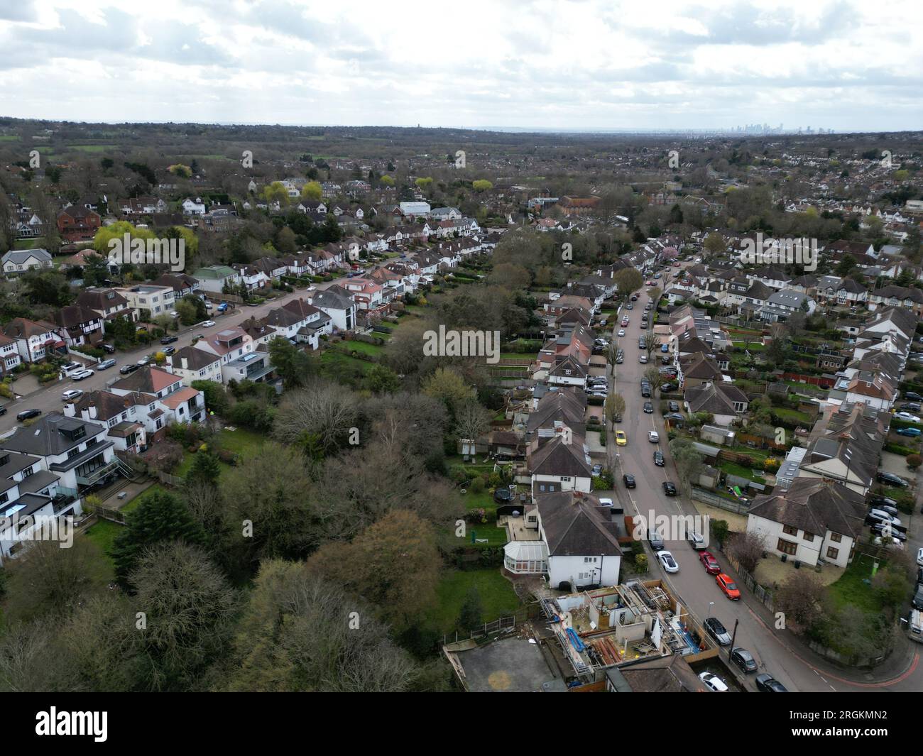 Loughton Essex UK town centre streets and roads drone aerial Stock
