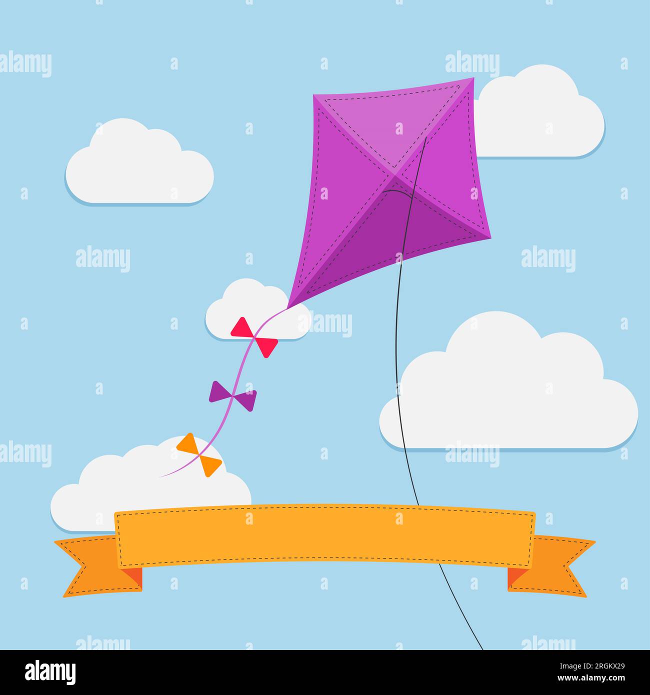 Flying kite in the sky between clouds with space for text . Purple paper kite with white clouds in blue sky. Wind concept. Childhood symbol. Stock Photo