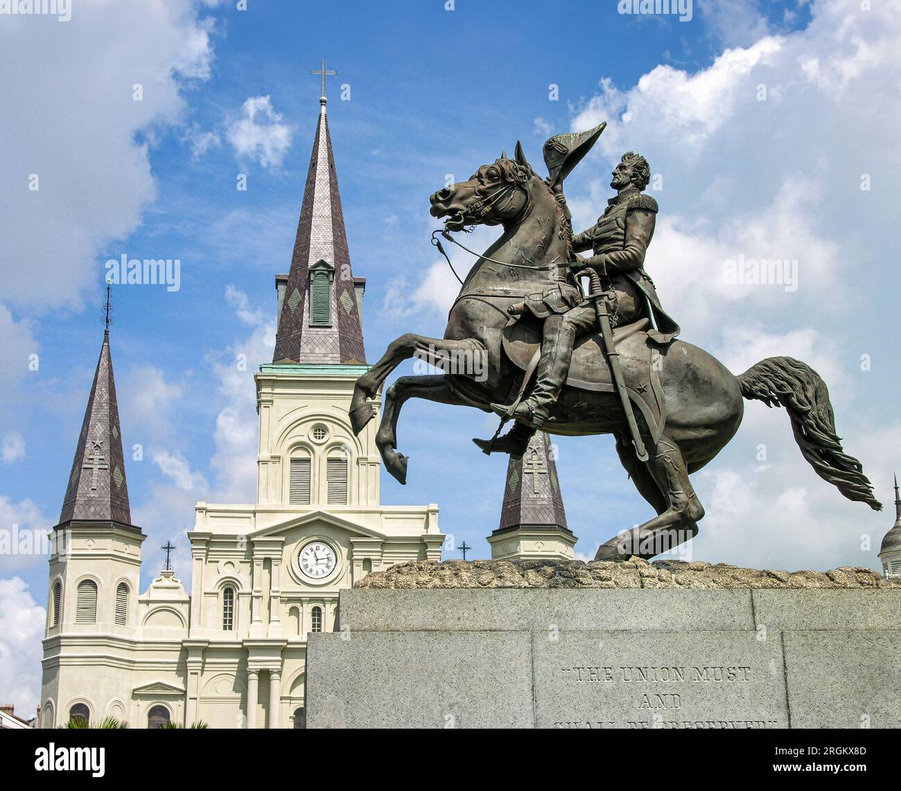 Statue of Andrew Jackson on a horse in front of the St. Louis Cathedral