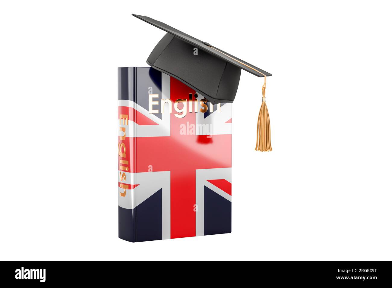 English language textbook with graduation cap. Learn English language