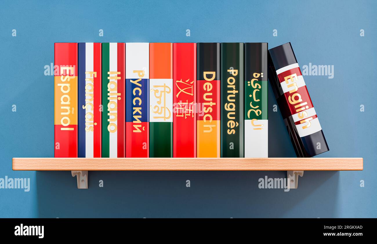Bookshelf with language textbooks or dictionaries, 3D rendering on blue
