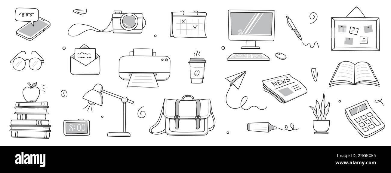 Office work doodle set. Office computer, work desk, notebook doodle