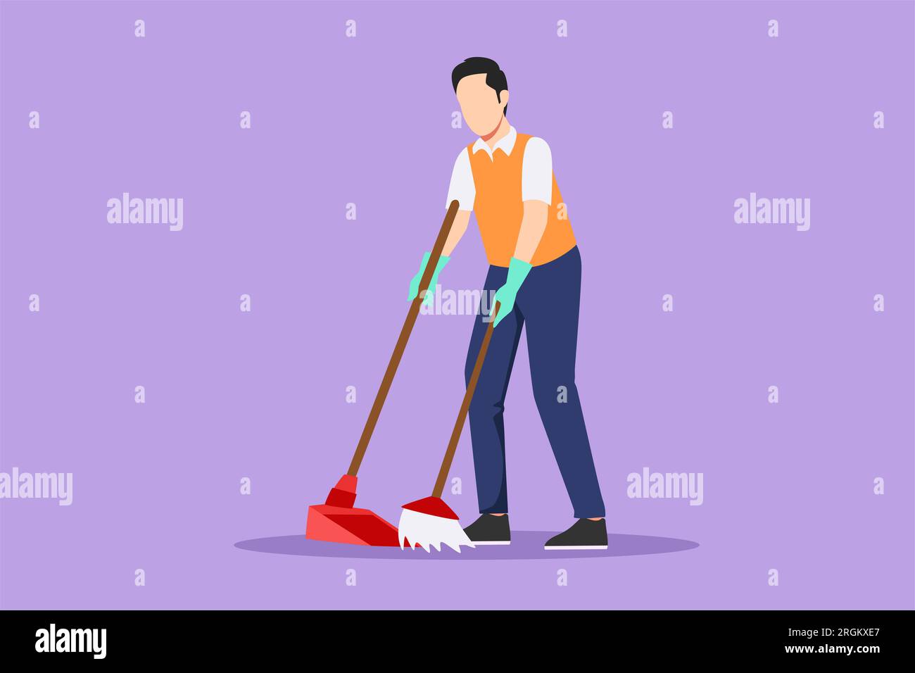 Character flat drawing of housekeeping male worker with broom and