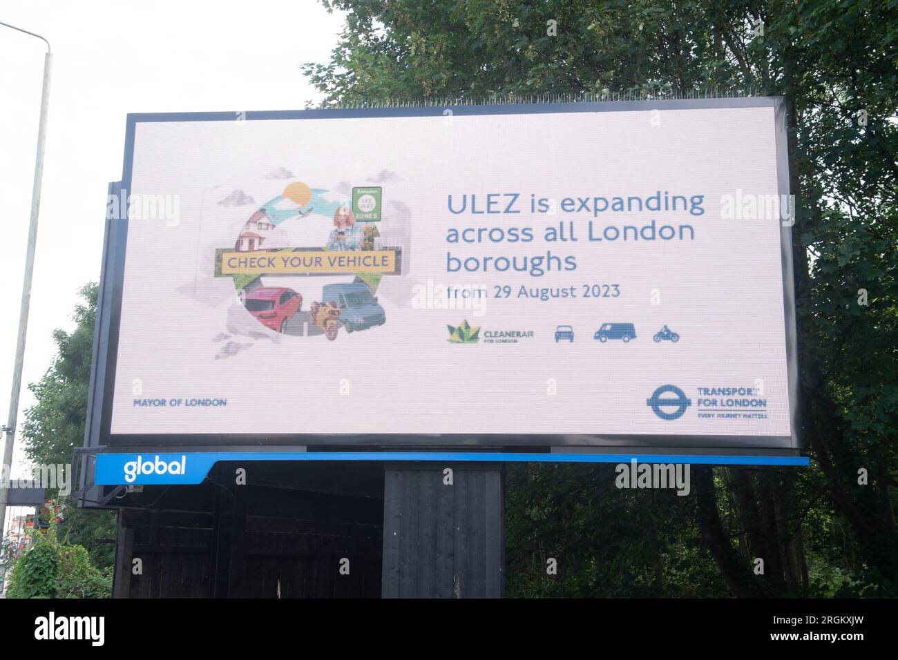 London, UK. 10 Aug 2023. A general view of a Transport for London sign detailing the expansion of ULEZ on Edgware Road in North London. M Stock Photo