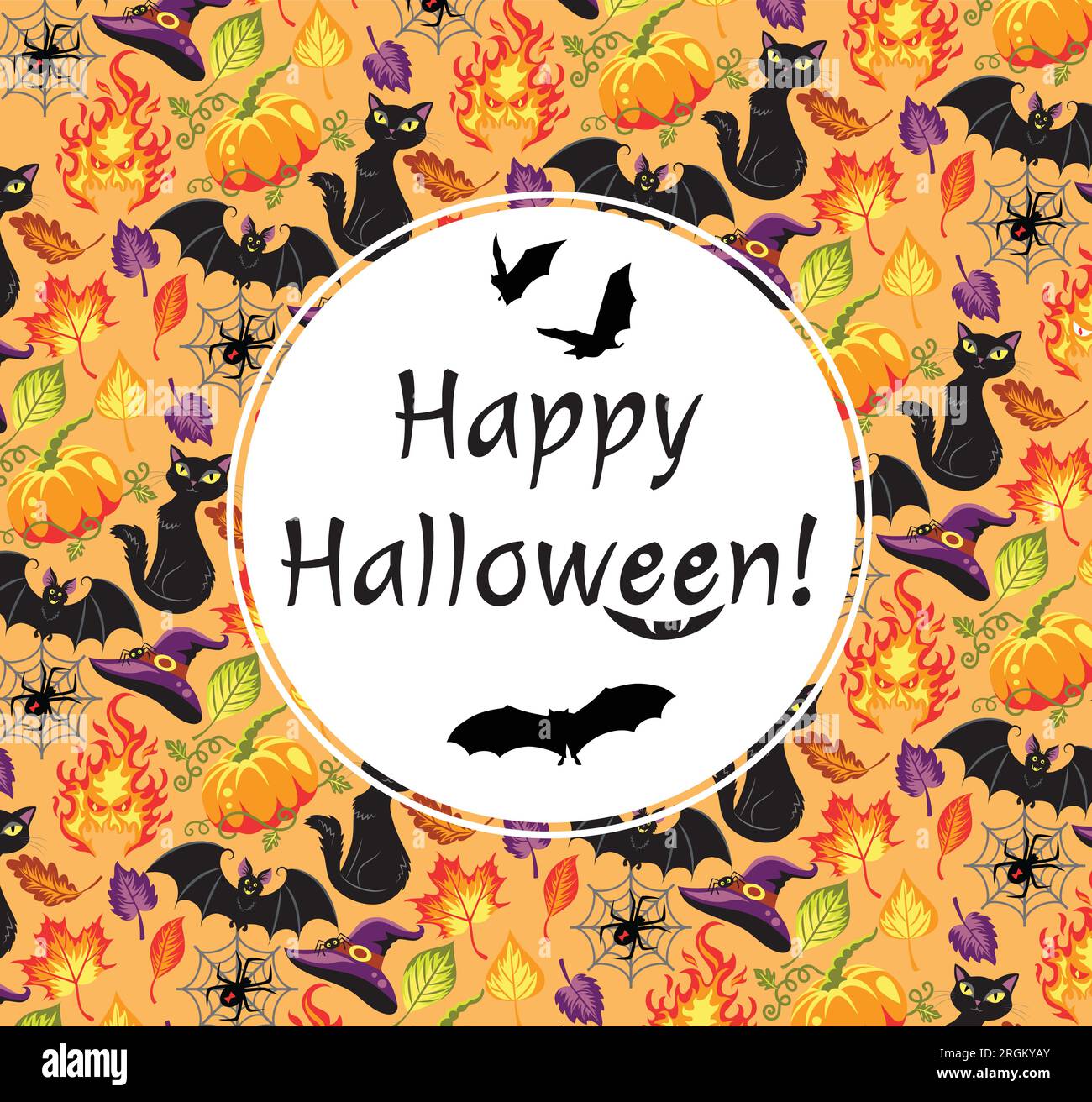 White circle with text and bats on the seamless pattern for Halloween. Stock Vector
