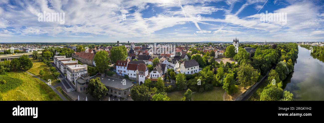 Aerial drone picture of the historical city of Steinheim near Hanau at river Main in Germany during daytime Stock Photo