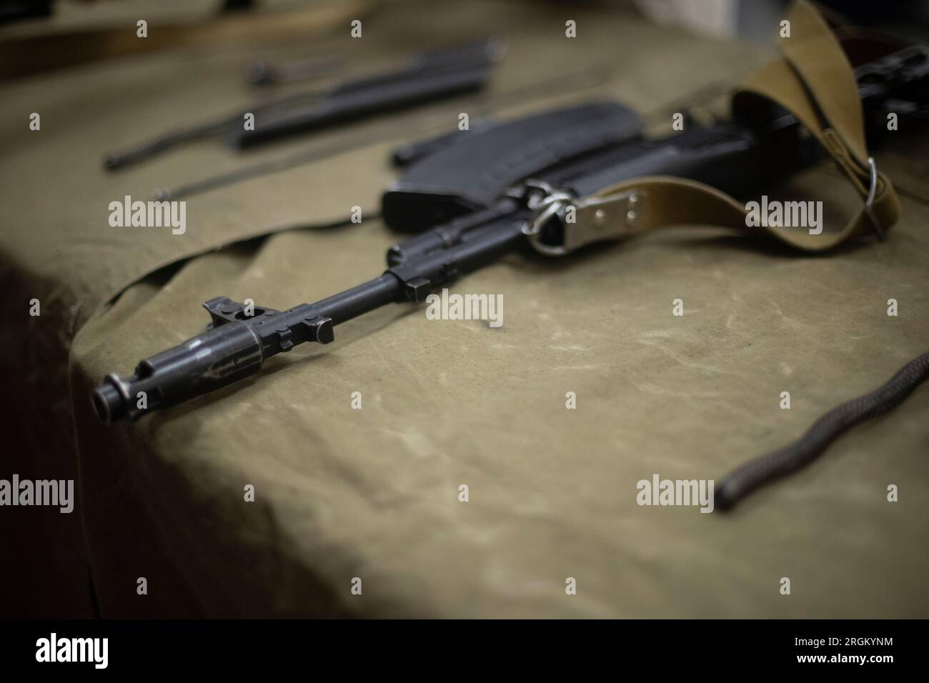 Disassembled machine. Military training. Weapon parts. Firearm. Machine gun assembly diagram