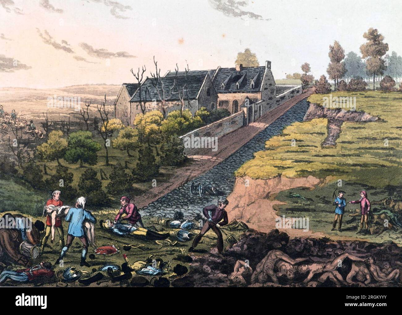 BATTLE OF WATERLOO Corpses being put in mass graves at La Haye Sainte farm. Stock Photo