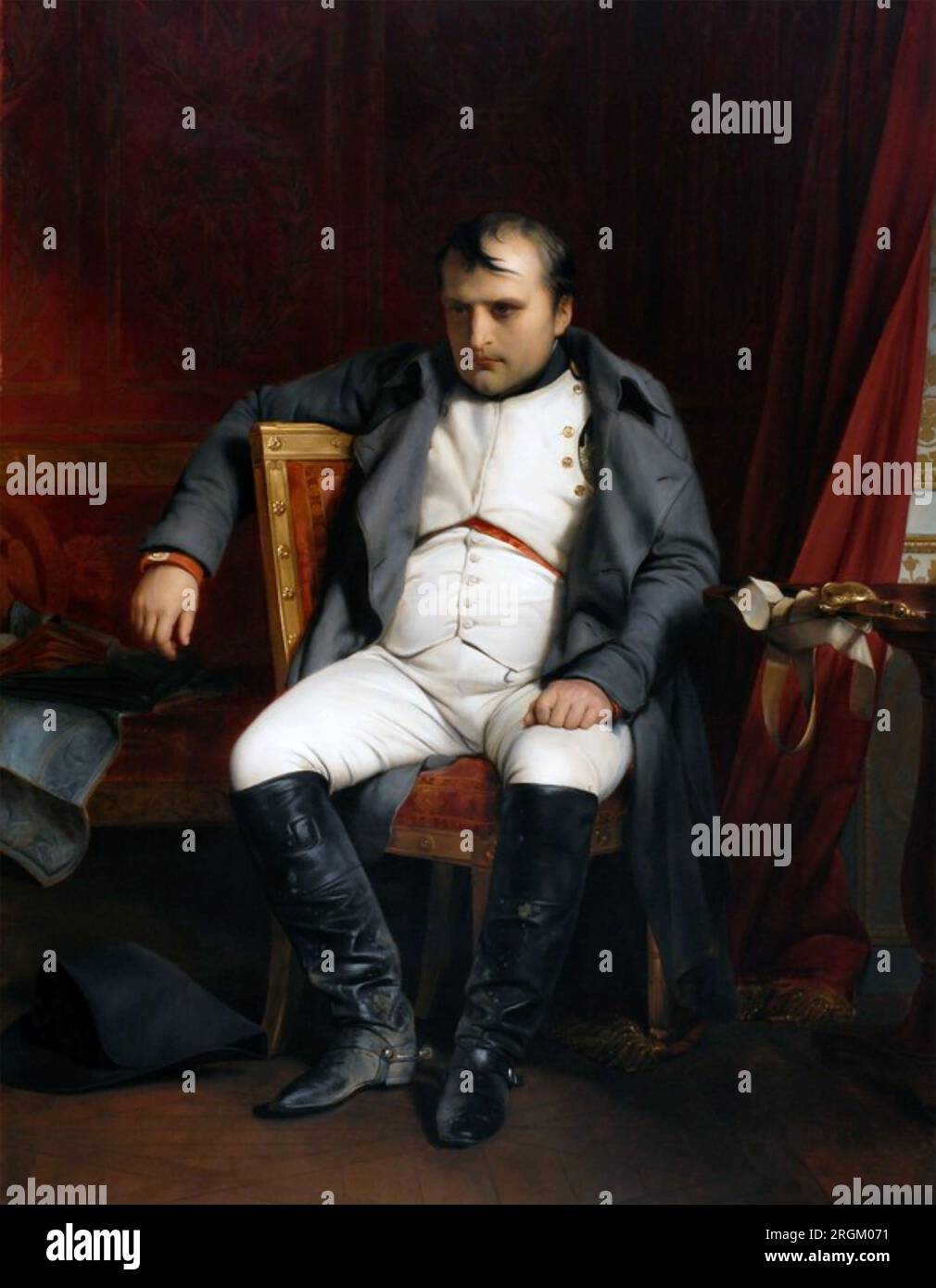 NAPOLEON BONAPARTE (1769-1821) at Fontainebleau after his abdication 4 April 19814. Painting by Paul Delaroche Stock Photo