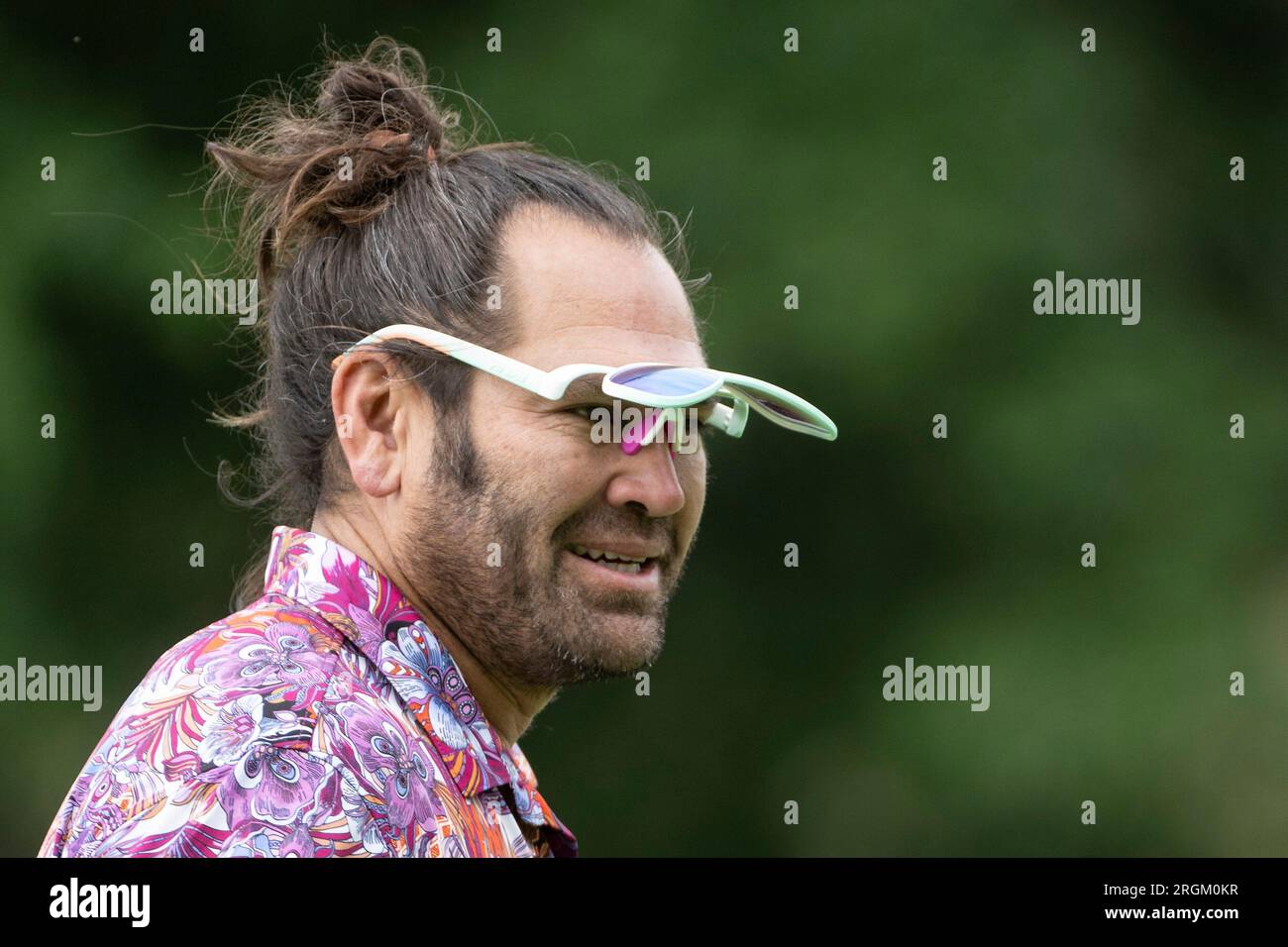 Former professional baseball player Johnny Damon looks on from the third  hole during the pro-am ahead of LIV Golf Bedminster at the Trump National  Golf Club on Thursday, August 10, 2023 in