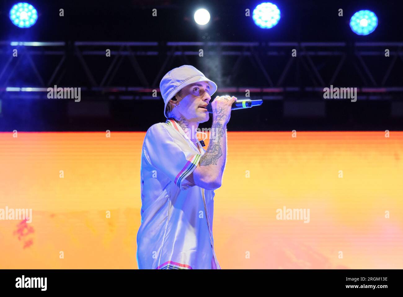 Turisti Rapper Italian rapper Mattia Balardi, aka Mr. Rain, on stage with “Superheroes ...