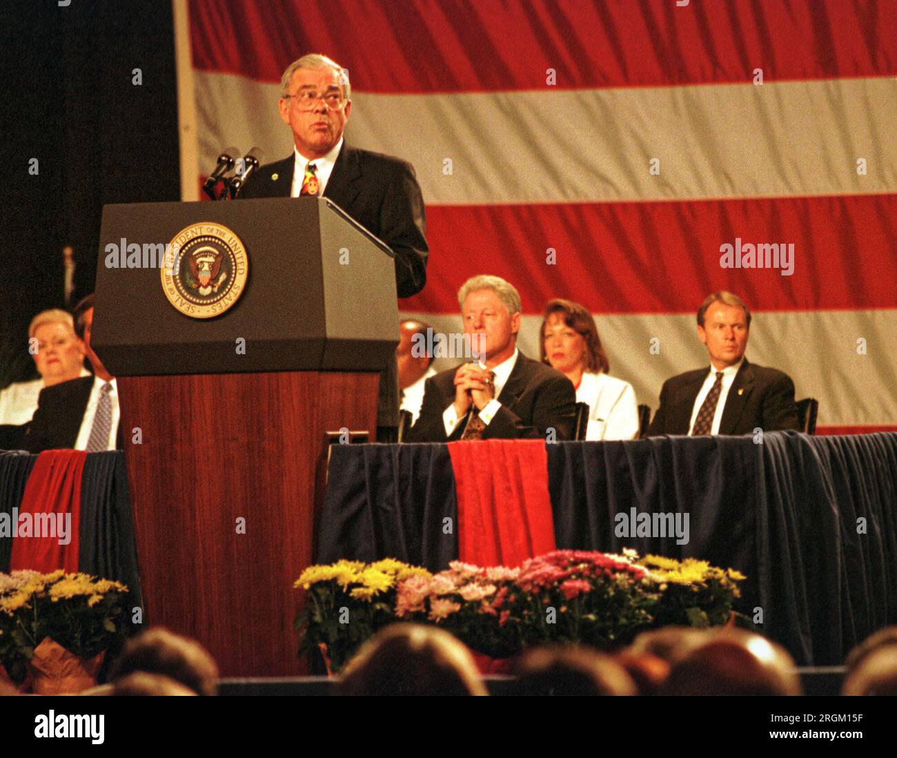 Gov. Paul Patton talks about healthcare in the state of Kentucky during a visit by President Bill Clinton on Monday, Aug. 10, 1998 at the Commonwealth Convention Center in Louisville, Jefferson County, KY, USA. The president visited Kentucky to promote his proposed 'patients' bill of rights' legislation and campaign for Democratic congressional candidate Scotty Baesler. (Apex MediaWire Photo by Billy Suratt) Stock Photo