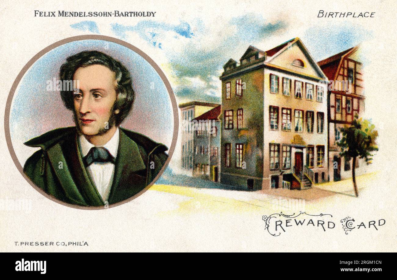 Felix Mendelssohn (1809-1847), German Composer, head and shoulders portrait, Illustrated Color Postcard, Unidentified Artist, T. Presser Company, Philadelphia Stock Photo