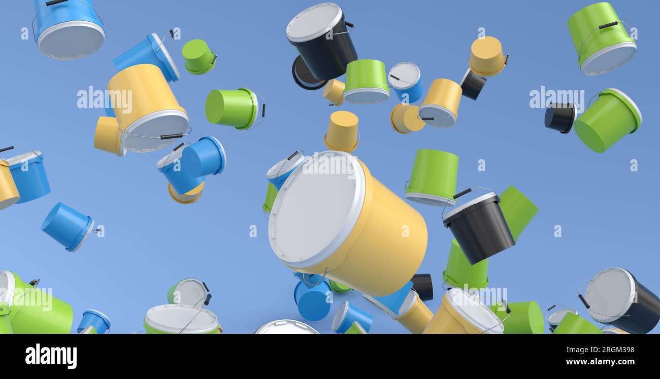 Many of flying plastic cans or buckets on blue background. 3d render of
