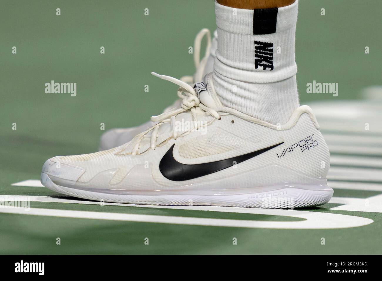 ON - AUGUST 09: Closeup of the Nike Vapour Pro shoes worn by Carlos Alcaraz of Spain during round match of the National Bank Open, part of the Hologic