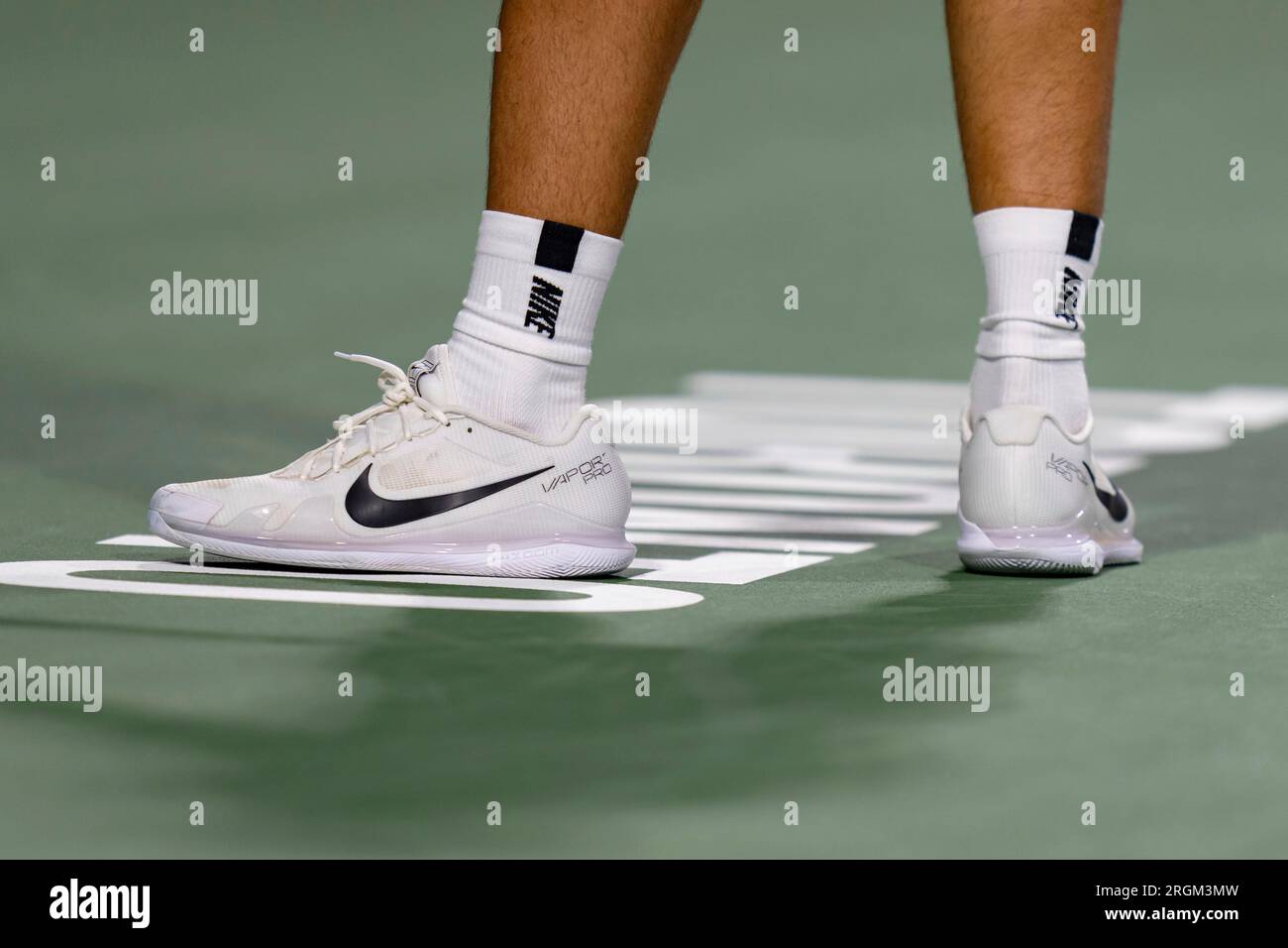 TORONTO, ON - AUGUST 09: Closeup of the Nike Vapour Pro shoes worn by  Carlos Alcaraz of Spain during his second round match of the National Bank  Open, part of the Hologic