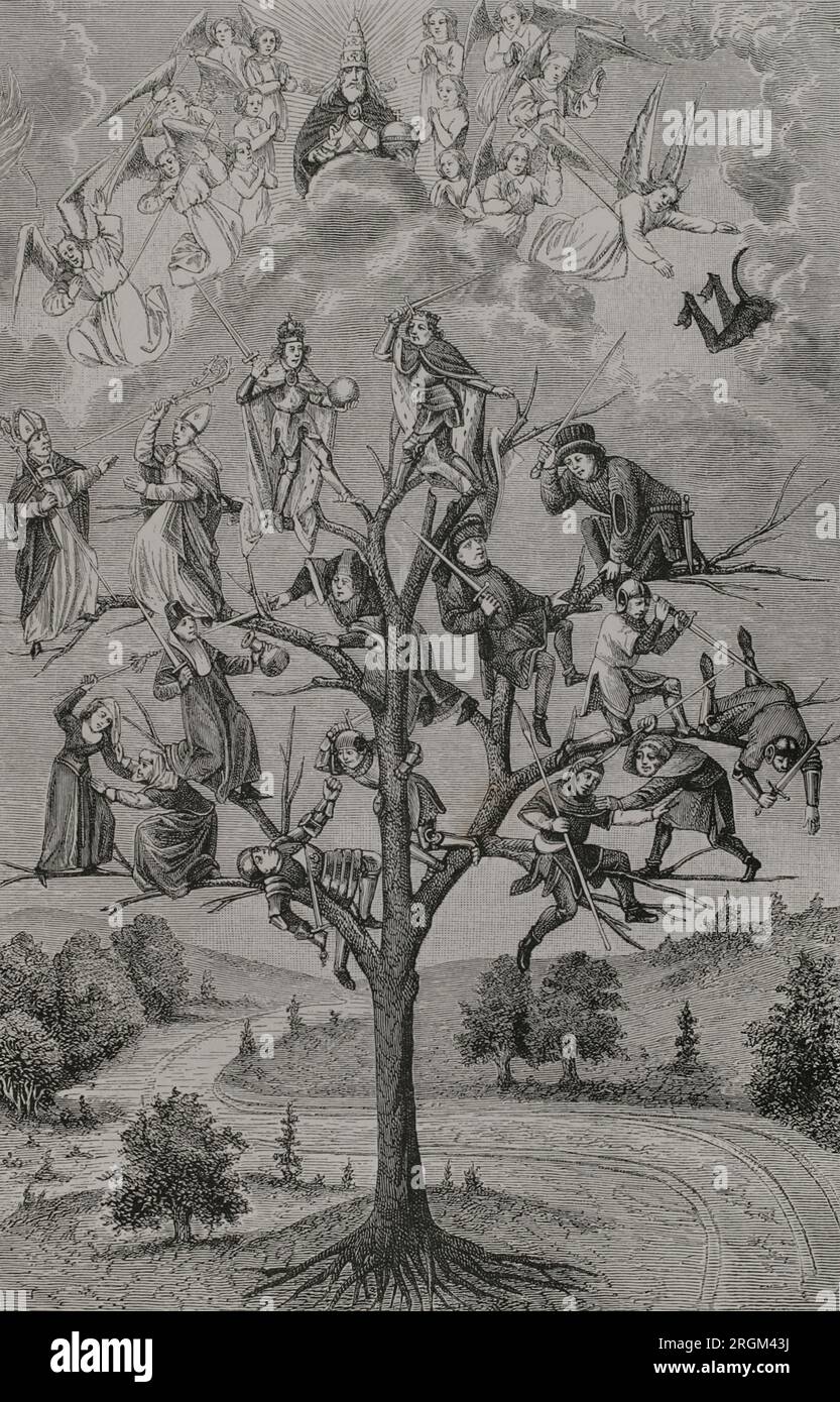 The Tree of Battles. Allegory representing the discord which existed between the various social classes during the Middle Ages. Engraving by Etienne Huyot and Jules Huyot after a 15th century miniature of 'The Three of Battles' of Honoré Bouet. 'Vie Militaire et Religieuse au Moyen Age et à l'Epoque de la Renaissance'. Paris, 1877. Stock Photo