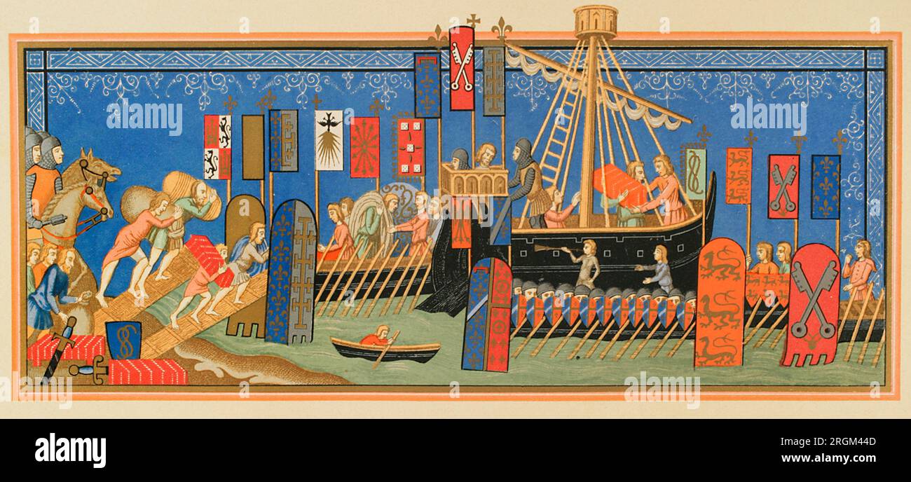 Crusades. Embarkation of knights of the Order of the Holy Spirit to the Holy Land. Knights had to be willing to submit to the Roman Church whenever it ordered them to do so. Chromolithography after a miniature from the statutes of the Order of the Holy Spirit in Naples, 14th century. 'Vie Militaire et Religieuse au Moyen Age et à l'Epoque de la Renaissance'. Paris, 1877. Stock Photo