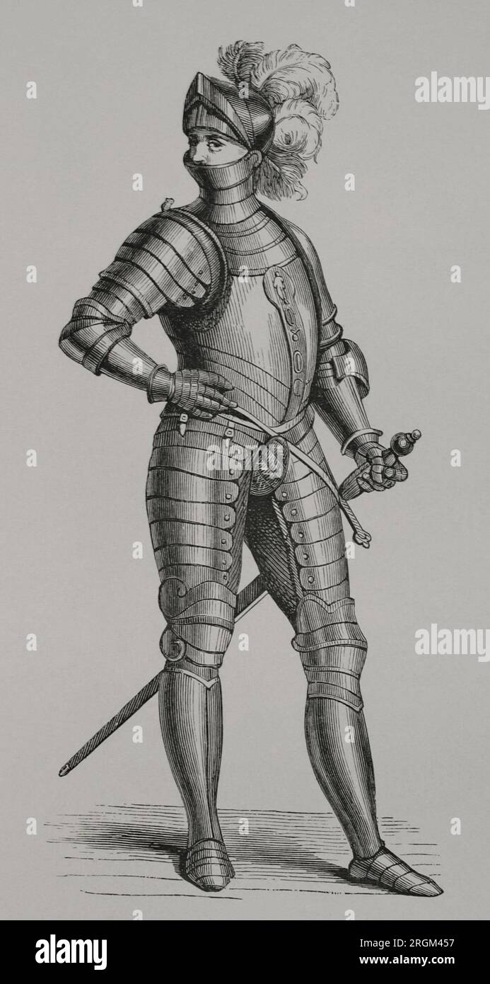Knight in armour. Engraving from a design by Cesare Vecellio (ca. 1521-ca. 1601) in 1590. 'Vie Militaire et Religieuse au Moyen Age et à l'Epoque de la Renaissance'. Paris, 1877. Stock Photo