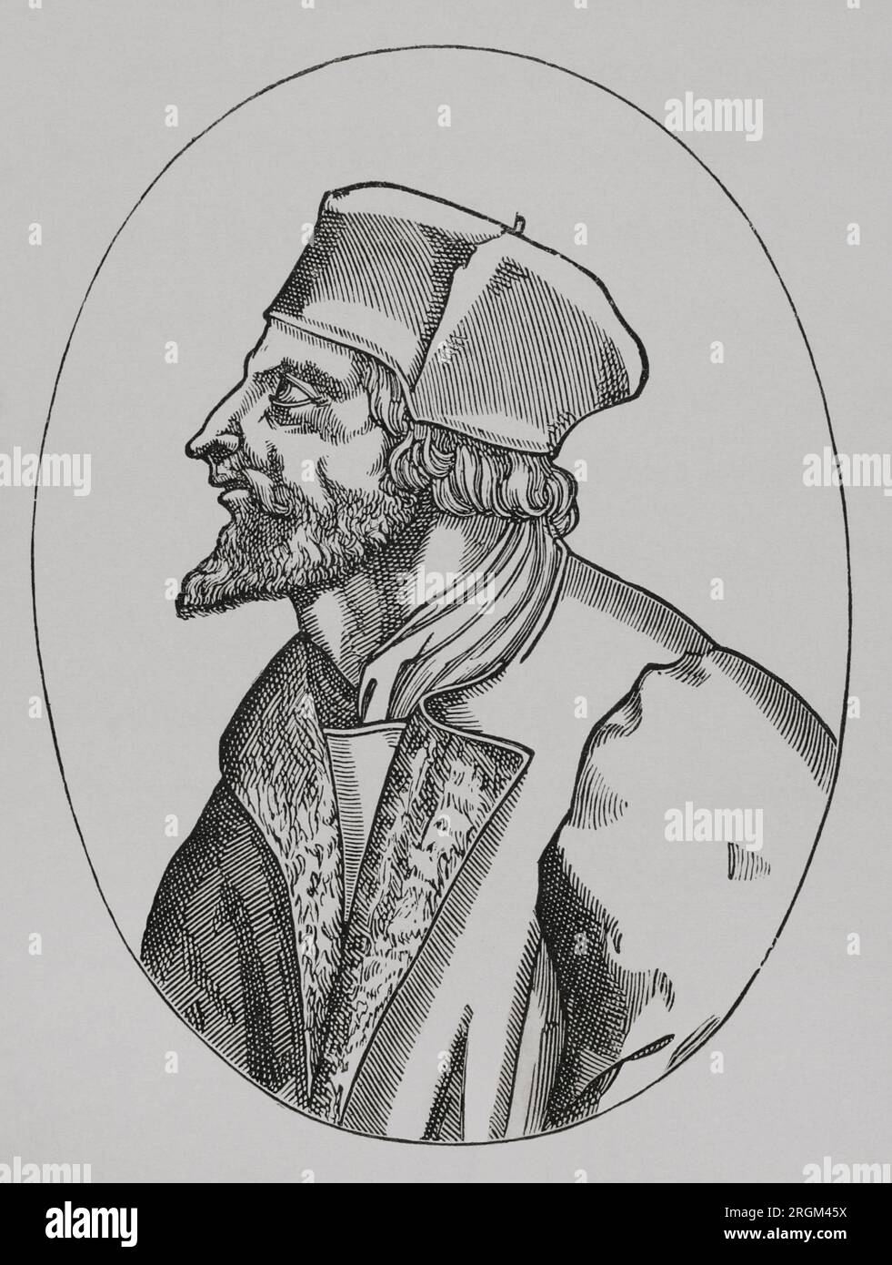 Jan Hus (1369-1415). Czech theologian and philosopher. Reformer excommunicated in 1410 for propagating the doctrines of Wycliffe. In 1414 he attended the Council of Constance, where he was tried and condemned to the stake as a heretic. This unleashed the Hussite uprising (1419-1434), antecedent of the Wars of Religion. Portrait. Engraving. 'Vie Militaire et Religieuse au Moyen Age et à l'Epoque de la Renaissance'. Paris, 1877. Stock Photo