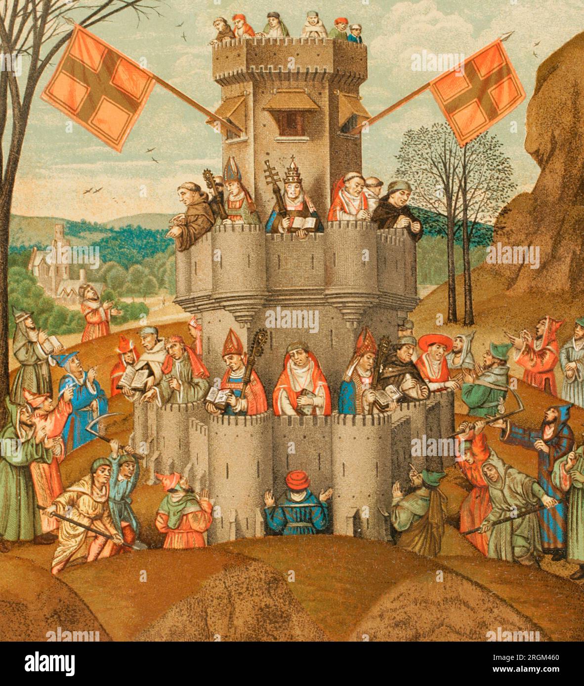 Representation of the Catholic Church as The Fortress of Faith. The defending forces of the Christian faith. Besieged by the impious and heretics, it is defended by the Pope, the bishops, the monks, and the Doctors of the Church, who are the knights of the faith. Chromolithography from a 15th-century miniature. Detail. 'Vie Militaire et Religieuse au Moyen age et à l'Epoque de la Renaissance. Paris, 1877. Stock Photo