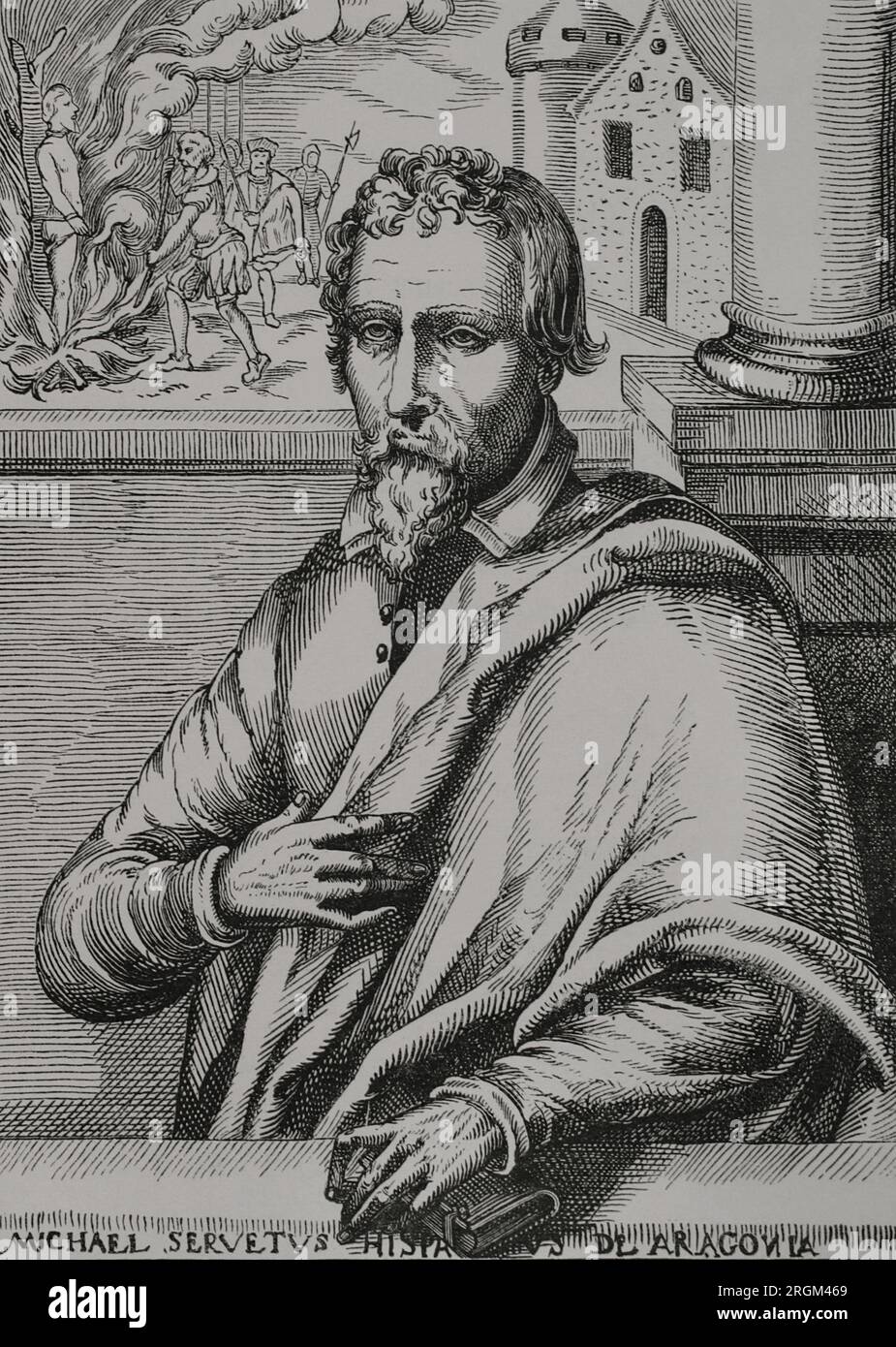 Michael Servetus (1511-1553). Spanish physician and theologian. Persecuted by the Inquisition, he fled to Geneva, where on Calvin's initiative was condemned to be burned at the stake for heresy. Portrait. 19th century facsimile of an engraving in 'Historia Michaelis Serveti', 1727. 'Vie Militaire et Religieuse au Moyen Age et à l'Epoque de la Renaissance'. Paris, 1877. Stock Photo