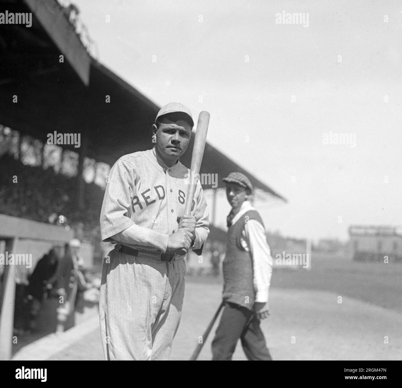 Babe Ruth posing with a bat while with the Boston Red Sox in 1919 Stock Photo
