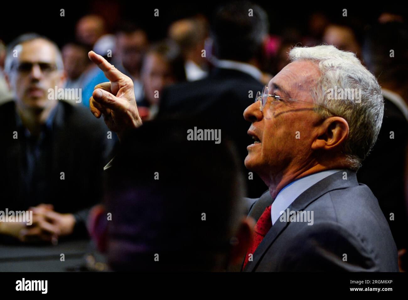 Bogota, Colombia. 10th Aug, 2023. Colombian former president Alvaro Uribe Velez takes part during an event announcing the candidates for Bogota's council of the Political Party, Centro Democratico, on August 10, 2023. Photo by: Sebastian Barros/Long Visual Press Credit: Long Visual Press/Alamy Live News Stock Photo