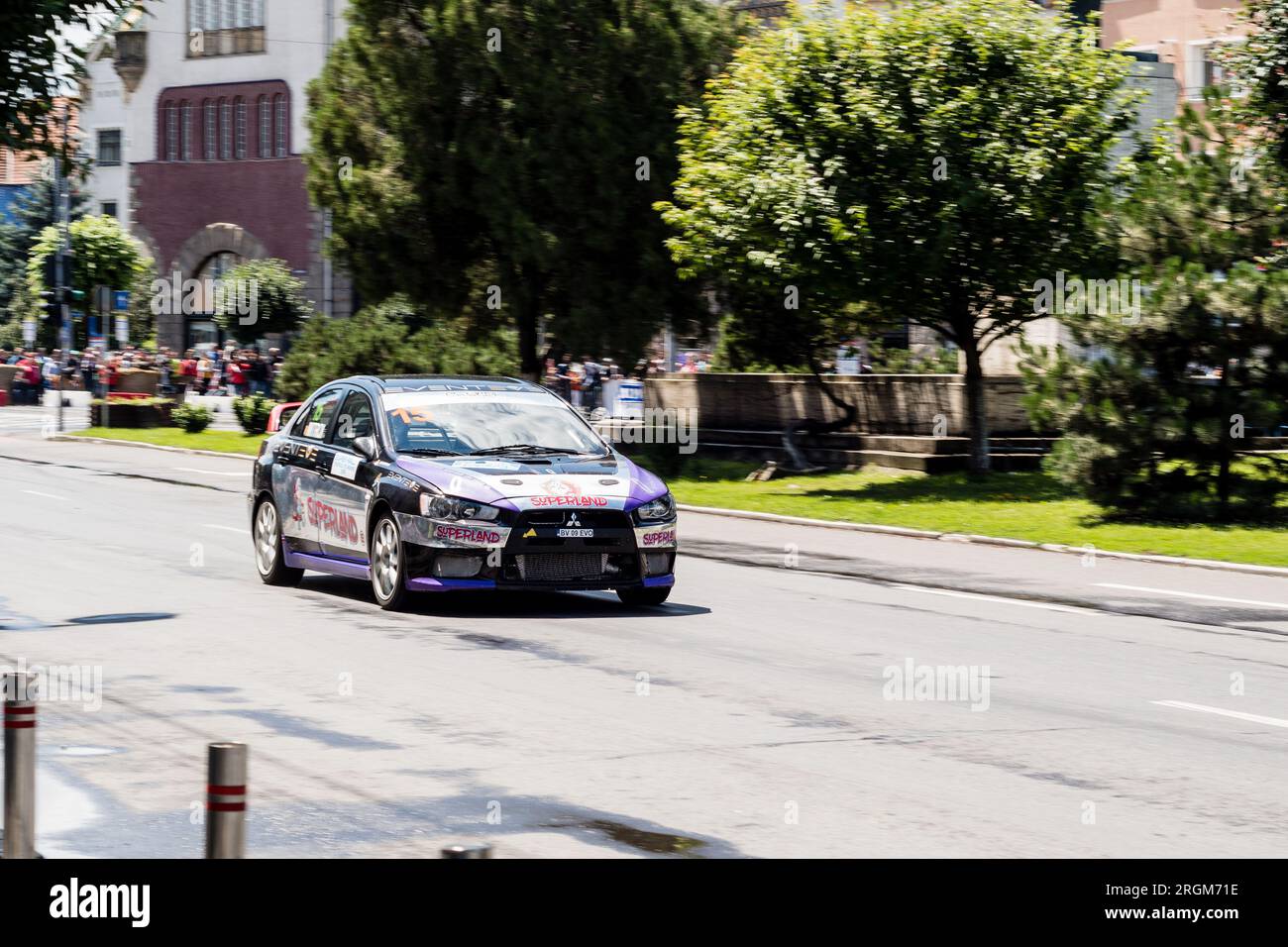 Marosvasarhely/ Transylvania - June 23 rd 2018: Mitsubishi Lancer Evo X  performing a drift show during Super Rally Trofeul Targu Mures. Stock Photo