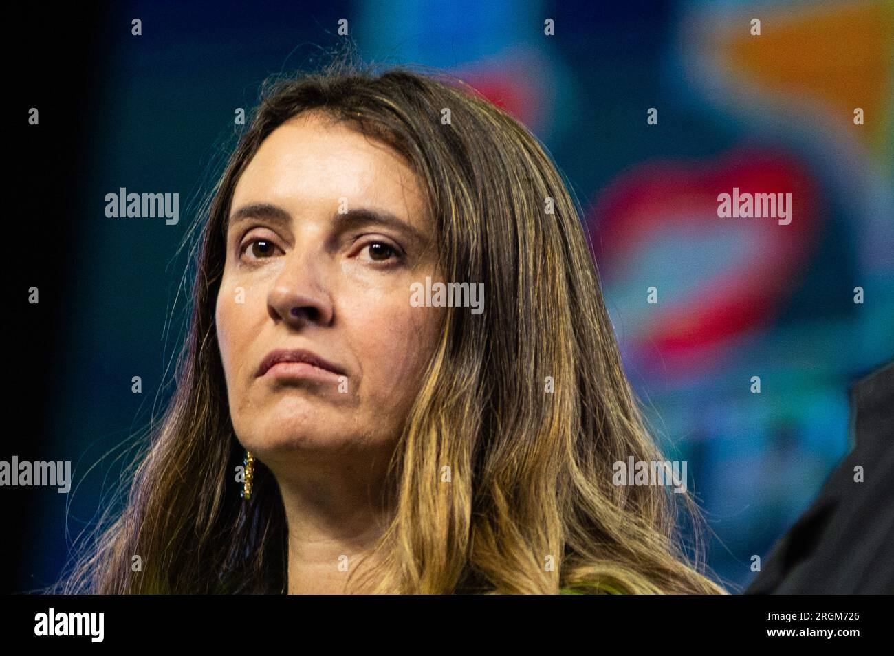 Bogota, Colombia. 10th Aug, 2023. Colombian senator Paloma Valencia takes part during an event announcing the candidates for Bogota's council of the Political Party, Centro Democratico, on August 10, 2023. Photo by: Sebastian Barros/Long Visual Press Credit: Long Visual Press/Alamy Live News Stock Photo
