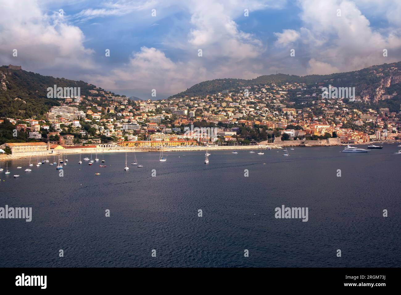 Harbor on Mediterranean Sea and coastal village of Nice, France Stock Photo