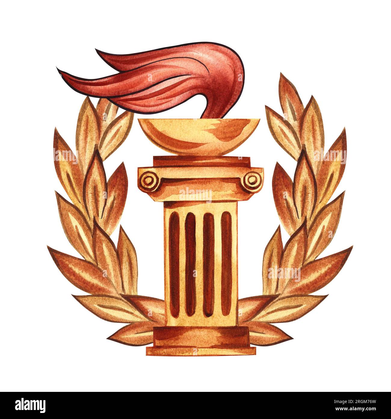 Flame of ancient Greece. Torch in a bowl on a Greek column. Laurel