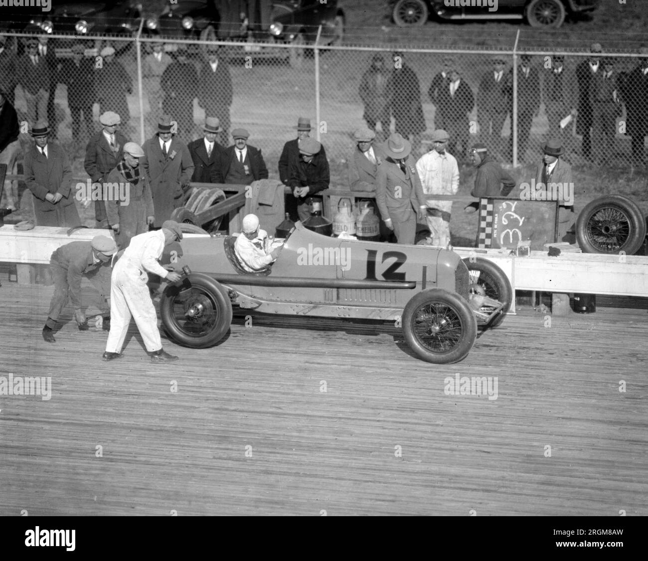 Vintage Auto Racing: Race car driver DePaolo in pit for tire change at the Baltimore-Washington Speedway race ca. 1925 Stock Photo