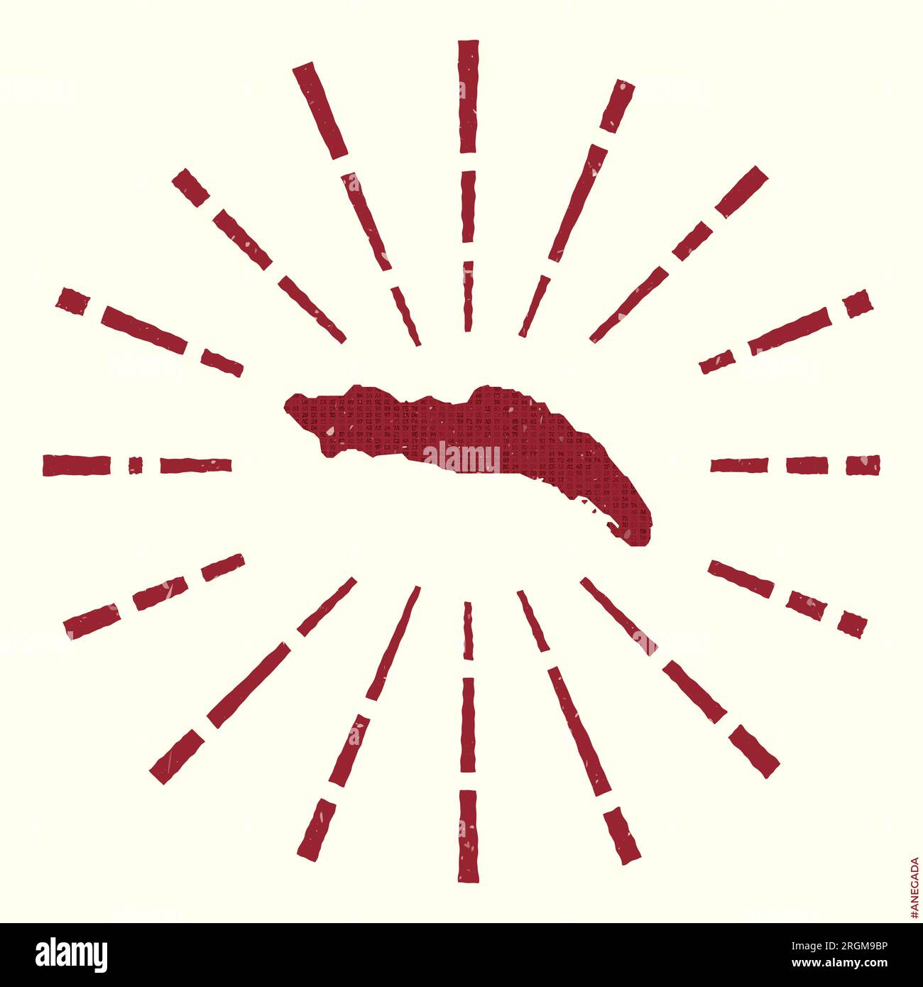 Anegada Logo. Grunge sunburst poster with map of the island. Shape of Anegada filled with hex digits with sunburst rays around. Classy vector illustra Stock Vector