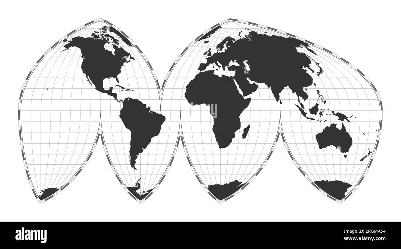 Vector world map. Bogg's interrupted eumorphic projection. Plain world geographical map with latitude and longitude lines. Centered to 0deg longitude. Stock Vector